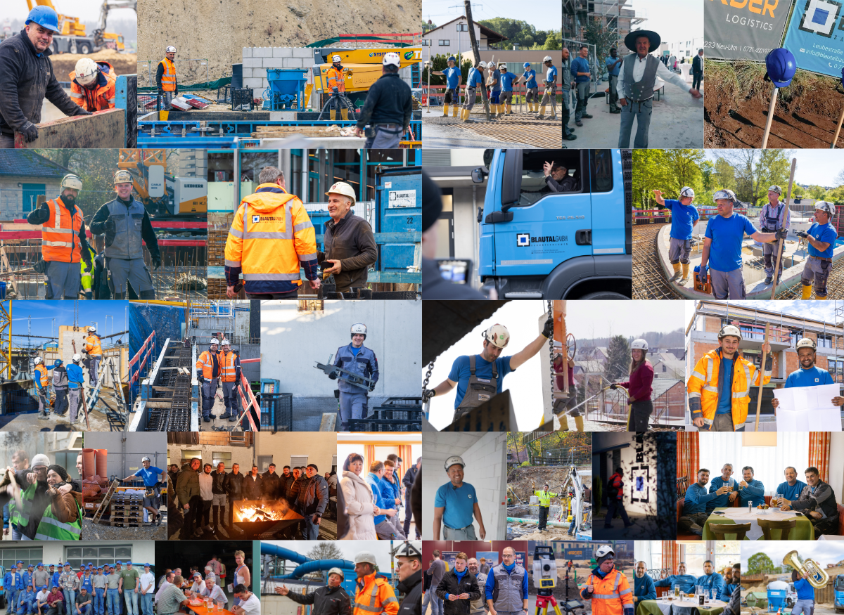 Collage of construction workers in safety gear, performing various tasks on site, interacting, and attending meetings.